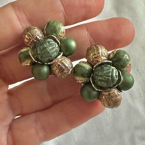 Green and gold tone cluster beaded vintage clip on earrings